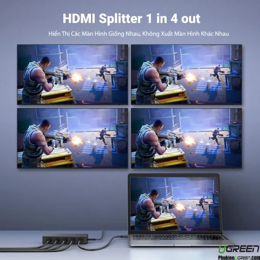 Bộ chia HDMI Ugreen 90514 hỗ trợ 1 vào 4 ra 4K@60Hz, hiển thị cùng nội dung trên 4 màn hình giống nhau