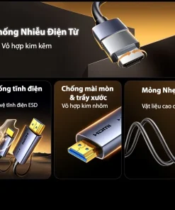 Cáp HDMI 2.0 Sợi Quang Dài 60M Hỗ Trợ 4K@60Hz HDR 18Gbps Ugreen 45510 19 Cáp HDMI 2.0 Sợi Quang Ugreen HD178 – HDMI Optical Fiber Cable AOC chống nhiễu điện từ, bảo vệ tĩnh điện ESD, vỏ hợp kim nhôm chống mài mòn, dây mỏng nhẹ, truyền tín hiệu 4K 60Hz HDR ổn định. Gồm các mã Ugreen 45503–45512 (10m–100m)