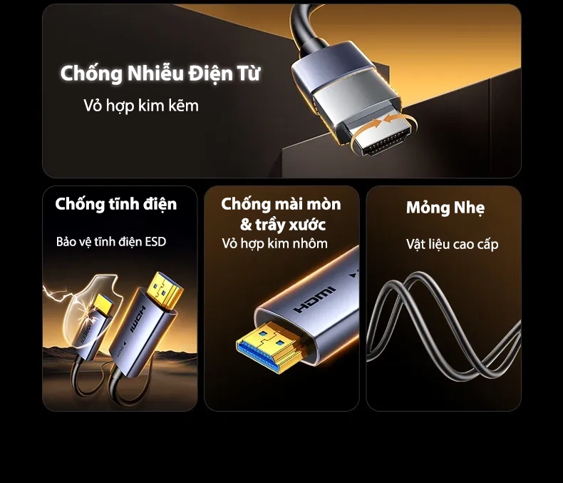 Cáp HDMI 2.0 Sợi Quang Dài 60M Hỗ Trợ 4K@60Hz HDR 18Gbps Ugreen 45510 7 Cáp HDMI 2.0 Sợi Quang Ugreen HD178 – HDMI Optical Fiber Cable AOC chống nhiễu điện từ, bảo vệ tĩnh điện ESD, vỏ hợp kim nhôm chống mài mòn, dây mỏng nhẹ, truyền tín hiệu 4K 60Hz HDR ổn định. Gồm các mã Ugreen 45503–45512 (10m–100m)