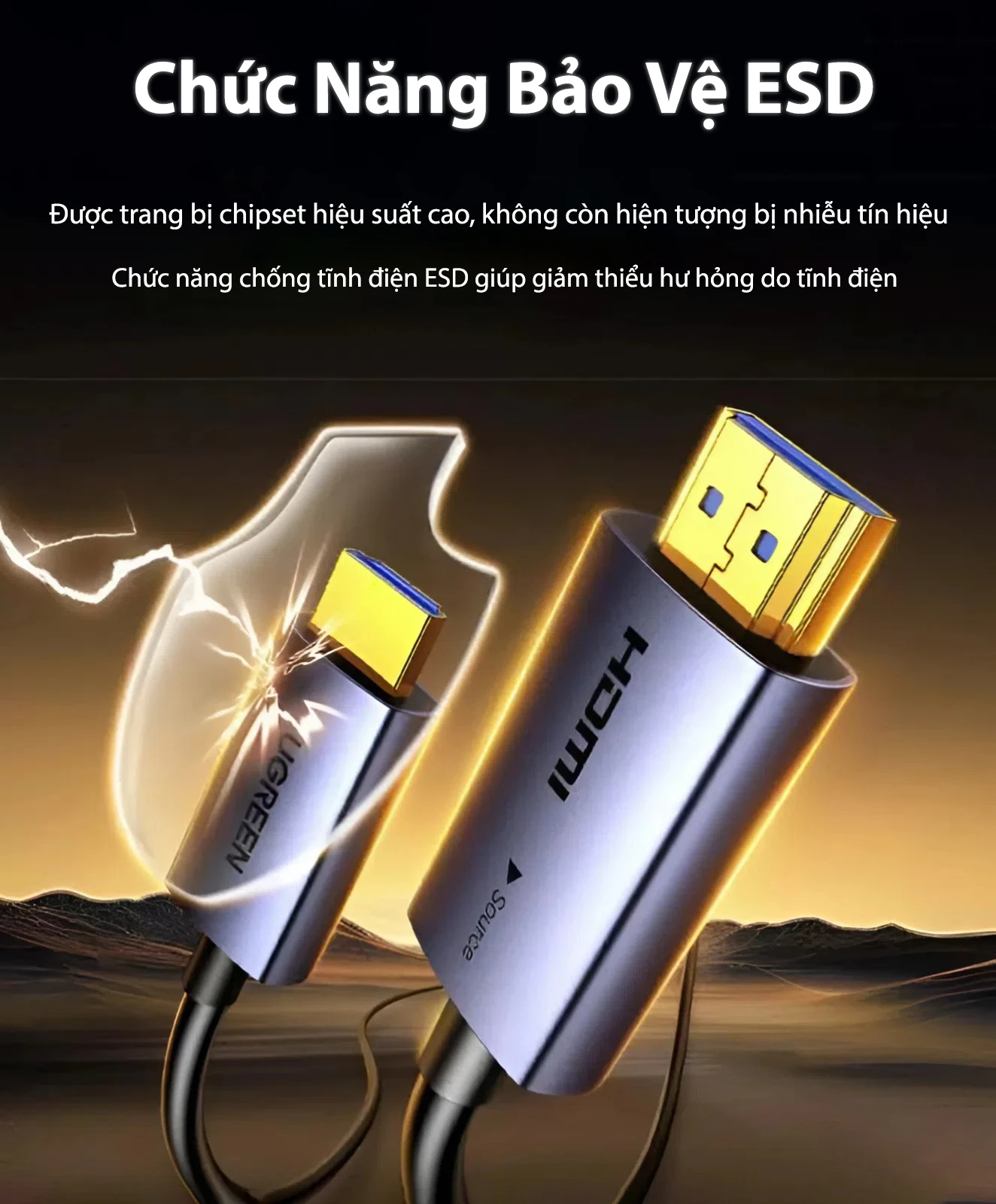 Cáp HDMI 2.0 Sợi Quang Dài 60M Hỗ Trợ 4K@60Hz HDR 18Gbps Ugreen 45510 6 Cáp HDMI Sợi Quang Ugreen HD178 – HDMI Optical Fiber Cable AOC Hỗ Trợ 4K 60Hz HDR, trang bị chipset hiệu suất cao và chức năng bảo vệ ESD chống tĩnh điện, giúp ổn định tín hiệu, giảm nhiễu, ngăn hư hỏng do điện tích. Áp dụng cho các mã Ugreen 45503–45512 (10m–100m)