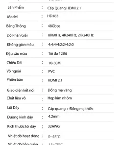Thông Số Kỹ Thuật Cáp HDMI 2.1 Sợi Quang Ugreen HD183 (Model 55504, 55505, 55506, 55507, 55508, 55509, 55510) – Băng Thông 48Gbps, Hỗ Trợ 8K@60Hz, 4K@240Hz, HDR10+, eARC