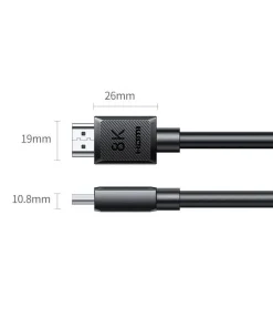 Cáp HDMI 2.1 8K Ugreen HD175 – Ugreen 45429, 55406, 45430, 45431, 45432, 45433, 45434, 45435, 45436, 45437 – kích thước đầu cáp 26mm × 19mm, độ dày 10.8mm, thiết kế nhỏ gọn, dễ lắp đặt cho TV và thiết bị HDMI 2.1