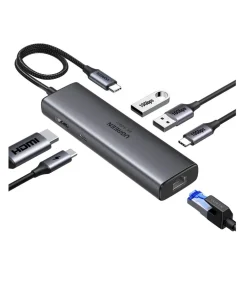 Hub USB-C Ugreen 45000 6-in-1 hỗ trợ HDMI 4K@60Hz, 2x USB-A 3.2 Gen2 10Gbps, USB-C 3.2 10Gbps, LAN 1Gbps và sạc nhanh PD 100W – thiết kế cao cấp, truyền dữ liệu cực nhanh.