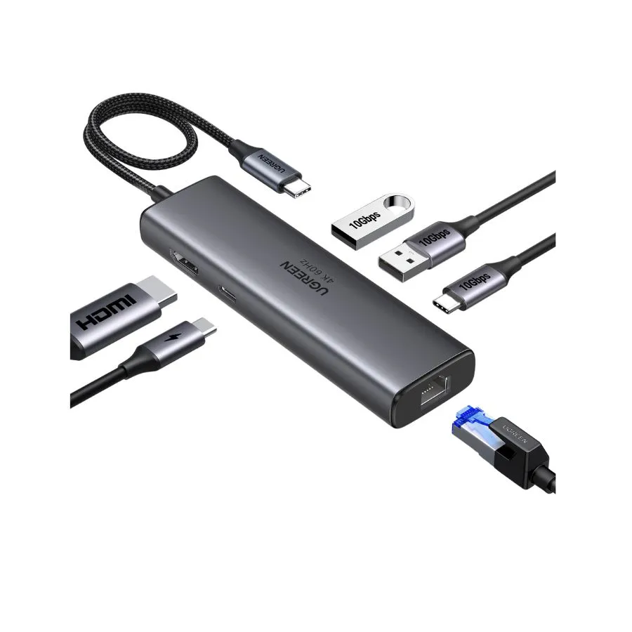 Bộ Chuyển USB-C Sang HDMI 4K@60Hz, 2x USB-A10Gbps, Lan 1Gbps,USB-C 3.2 Gen2 10Gbps,PD 100W Ugreen 45000 1 Hub USB-C Ugreen 45000 6-in-1 hỗ trợ HDMI 4K@60Hz, 2x USB-A 3.2 Gen2 10Gbps, USB-C 3.2 10Gbps, LAN 1Gbps và sạc nhanh PD 100W – thiết kế cao cấp, truyền dữ liệu cực nhanh.