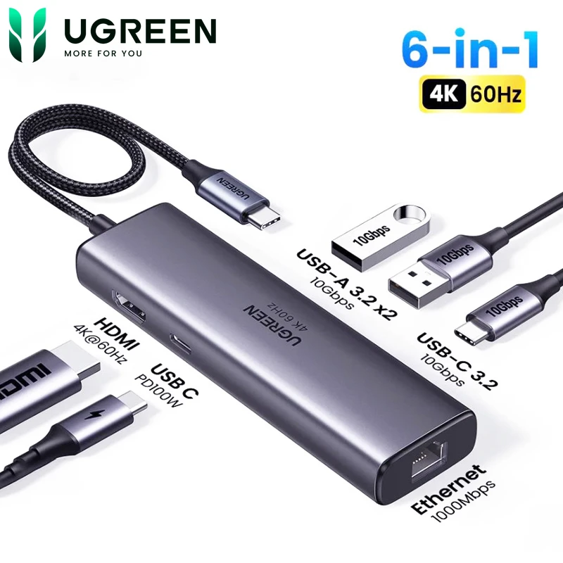 Bộ Chuyển USB-C Sang HDMI 4K@60Hz, 2x USB-A10Gbps, Lan 1Gbps,USB-C 3.2 Gen2 10Gbps,PD 100W Ugreen 45000 2 Bộ chuyển đổi USB-C 6 trong 1 Ugreen 45000 hỗ trợ HDMI 4K 60Hz, 2 cổng USB-A 10Gbps, 1 USB-C 3.2 10Gbps, cổng mạng Gigabit và sạc PD 100W.