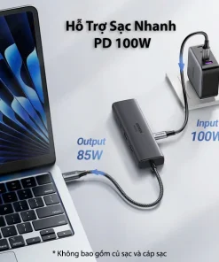Bộ Chuyển USB-C Sang HDMI 4K@60Hz, 2x USB-A10Gbps, Lan 1Gbps,USB-C 3.2 Gen2 10Gbps,PD 100W Ugreen 45000 12 Hub Ugreen 45000 hỗ trợ sạc nhanh PD 100W qua cổng USB-C, công suất đầu vào 100W và đầu ra 85W, vừa sạc laptop vừa mở rộng cổng kết nối ổn định.