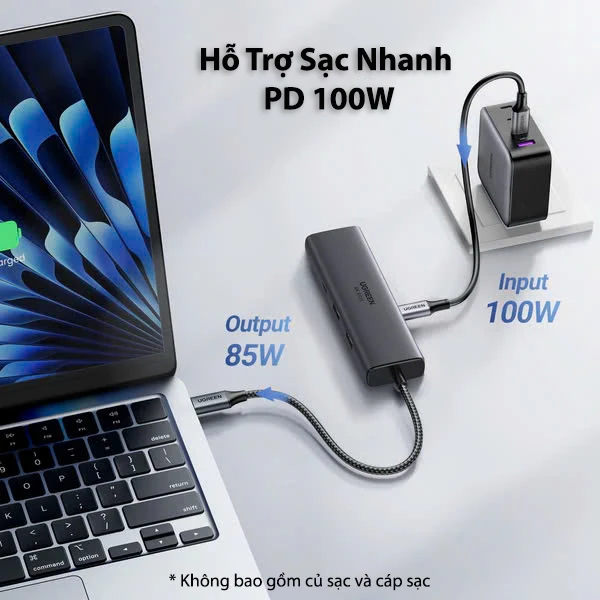 Bộ Chuyển USB-C Sang HDMI 4K@60Hz, 2x USB-A10Gbps, Lan 1Gbps,USB-C 3.2 Gen2 10Gbps,PD 100W Ugreen 45000 4 Hub Ugreen 45000 hỗ trợ sạc nhanh PD 100W qua cổng USB-C, công suất đầu vào 100W và đầu ra 85W, vừa sạc laptop vừa mở rộng cổng kết nối ổn định.
