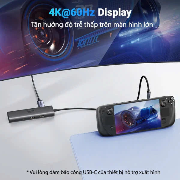 Bộ Chuyển USB-C Sang HDMI 4K@60Hz, 2x USB-A10Gbps, Lan 1Gbps,USB-C 3.2 Gen2 10Gbps,PD 100W Ugreen 45000 8 Hub USB-C Ugreen 45000 hỗ trợ xuất hình ảnh 4K@60Hz qua cổng HDMI, hiển thị mượt mà, độ trễ thấp trên màn hình lớn khi kết nối laptop, iPad hoặc máy chơi game.