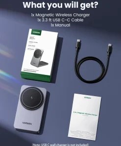 Bộ sản phẩm Ugreen 45056 – Đế sạc không dây MagFlow 2in1 gồm 1 đế sạc từ tính, 1 cáp USB-C dài 1m và 1 sách hướng dẫn sử dụng. (Không kèm củ sạc tường USB-C)