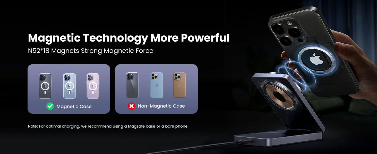 Ugreen 45056 – Đế sạc không dây MagSafe 2in1 trang bị 18 nam châm N52 siêu mạnh, lực hút ổn định giúp iPhone gắn chắc khi sạc, tương thích với ốp lưng MagSafe.