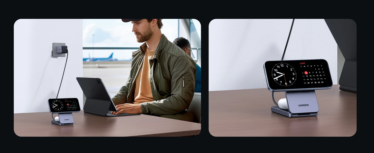 Ugreen 45056 – Đế sạc không dây MagSafe 2in1, phù hợp sử dụng tại văn phòng hoặc sân bay, giúp sạc iPhone và AirPods cùng lúc trong khi làm việc.