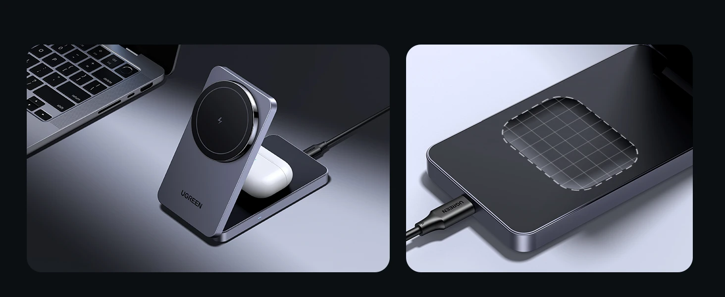 Ugreen 45056 – Đế sạc không dây MagSafe 2in1 trang bị cổng USB-C hiện đại, tản nhiệt hiệu quả giúp sạc ổn định cho iPhone và AirPods, đảm bảo an toàn và bền bỉ.