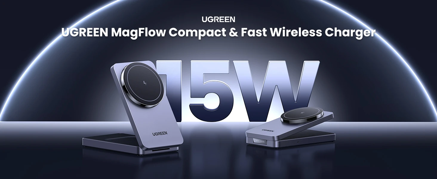 Ugreen 45056 – Đế sạc không dây MagFlow 2in1 công suất 15W, thiết kế nhỏ gọn, sạc nhanh ổn định cho iPhone và AirPods, tương thích chuẩn MagSafe Qi.