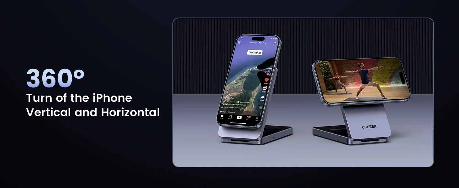 Ugreen 45056 – Đế sạc không dây MagSafe 2in1 hỗ trợ xoay 360°, cho phép đặt iPhone dọc hoặc ngang linh hoạt, tiện lợi khi xem video hoặc gọi FaceTime.