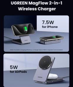 Ugreen 45056 – Đế sạc không dây MagFlow 2in1, hỗ trợ sạc 7.5W cho iPhone và 5W cho AirPods, đảm bảo tốc độ sạc ổn định và an toàn khi sử dụng adapter 30W trở lên.