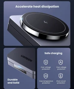 Ugreen 45056 – Đế sạc không dây MagSafe 2in1 với khả năng tản nhiệt nhanh, giữ nhiệt độ ổn định khi sạc, bảo vệ thiết bị khỏi quá áp, quá nhiệt và ngắn mạch.