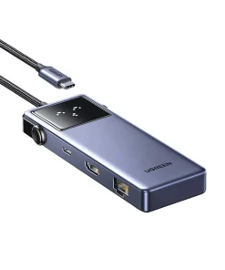 Hub USB-C 7 trong 1 Ugreen 45155 CM888, thiết kế dây bọc dù, LED robot hiển thị, hỗ trợ HDMI 4K60Hz, RJ45 1Gbps, USB 3.0 và PD100W