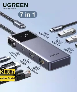 Hub USB-C 7 trong 1 Ugreen 45155 CM888, hỗ trợ HDMI 4K@60Hz, RJ45 1Gbps, USB 3.0, USB 2.0, PD100W, dây bọc dù bền, LED robot thông minh