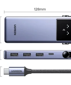 Kích thước Hub USB-C 7-in-1 Ugreen 45155 CM888 – 128mm x 46mm x 16mm, dây 12mm