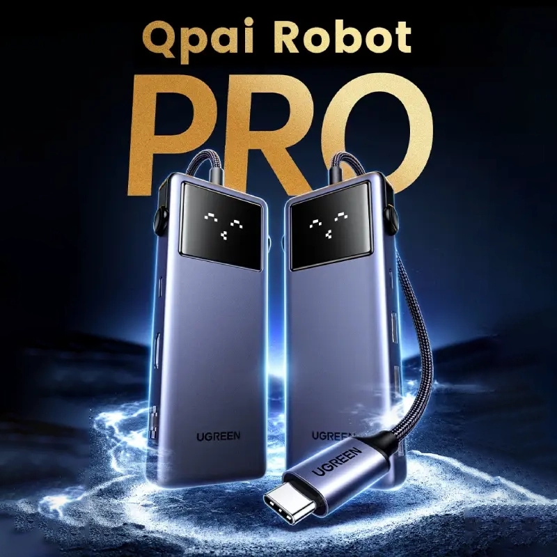 Hub Ugreen Qpai Robot Pro USB-C 7 trong 1 hỗ trợ HDMI 4K60Hz, PD 100W, thiết kế màn hình LED thông minh