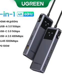 Hub USB-C 7 trong 1 Ugreen 45155 CM888, hỗ trợ HDMI 4K@60Hz, USB 3.0 5Gbps, USB-C Data, RJ45 1Gbps, USB 2.0, PD100W, LED robot hiển thị