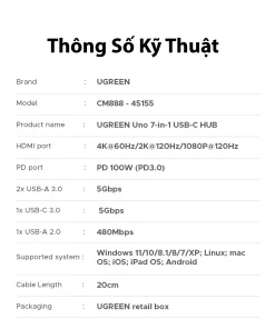 Bảng thông số kỹ thuật Hub USB-C 7 trong 1 Ugreen 45155 CM888 – HDMI 4K60Hz, PD 100W, USB 3.0 5Gbps, RJ45 Gigabit