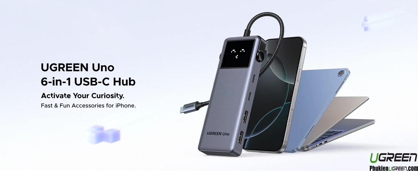 Hub USB-C 6 in 1 Groovy Robot Uno Ugreen 35998 Hỗ Trợ 4K@60Hz , 2x USB 3.2, 2x USB-C 3.2 Tốc Độ 10Gbps 20 Hub USB-C 6 in 1 Ugreen 35998 CM888 Groovy Robot Uno – Hub mở rộng tốc độ cao cho laptop, iPad, iPhone, MacBook