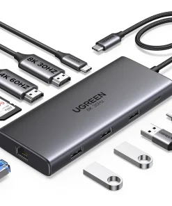 Hub USB-C Ugreen 15534 Revodok Pro 10 in 1 với HDMI 8K 30Hz, HDMI 4K 60Hz, USB, LAN 1Gbps và khe thẻ SD TF