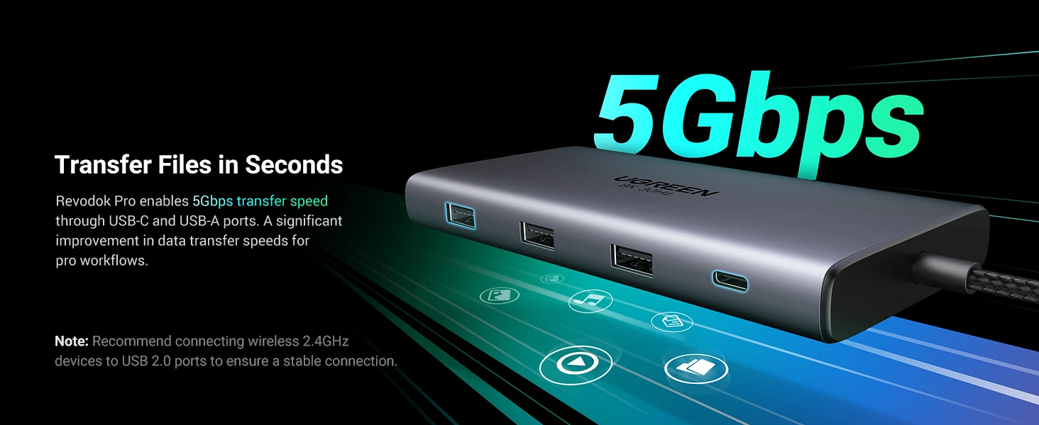 Hub USB-C UGREEN Revodok Pro hỗ trợ tốc độ truyền dữ liệu 5Gbps qua cổng USB-A và USB-C