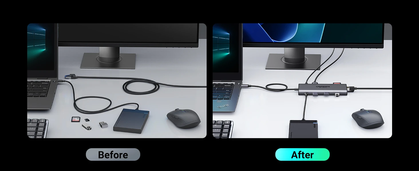 So sánh trước và sau khi sử dụng hub USB-C Ugreen 15534 giúp bàn làm việc gọn gàng, kết nối nhiều thiết bị