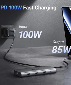 Hub USB-C Ugreen 15534 hỗ trợ sạc nhanh Power Delivery 100W, cấp 85W cho laptop