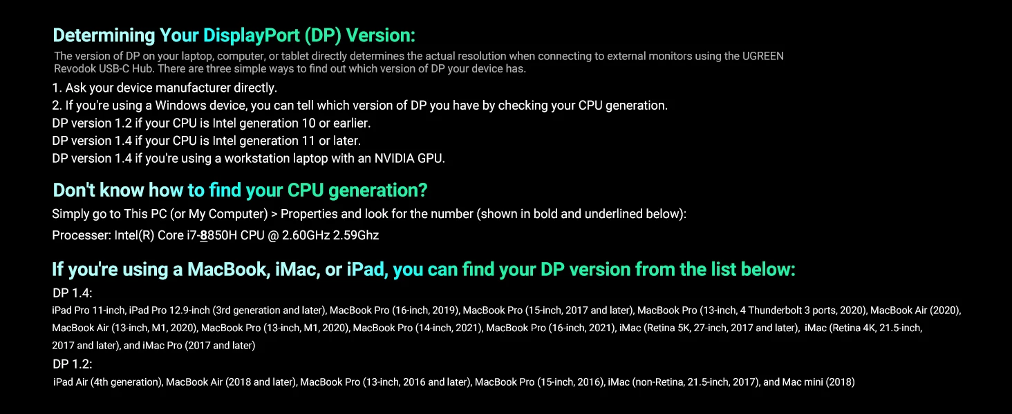 Hướng dẫn xác định phiên bản DisplayPort DP khi sử dụng Hub USB-C UGREEN Revodok Pro