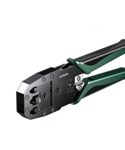 Đầu kìm Ugreen 35971 NW304 góc nghiêng — 3 khuôn bấm RJ45/RJ12/RJ11 và cơ chế ratchet khóa lực tự động nhìn thấy rõ