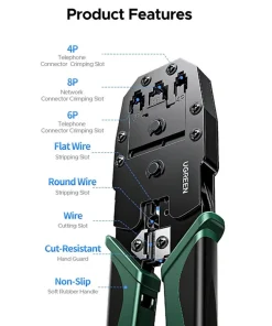 Sơ đồ chi tiết kìm Ugreen 35971 NW304 — khuôn 8P (RJ45), 6P (RJ12), 4P (RJ9/RJ11), rãnh tước cáp dẹt, cáp tròn, rãnh cắt và tấm chắn tay