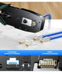 Kìm Ugreen 35971 NW304 đang bấm đầu RJ45 vào cáp mạng Cat6 màu xanh — close-up khuôn 8P8C và 8 chân vàng ép đều sau khi bấm