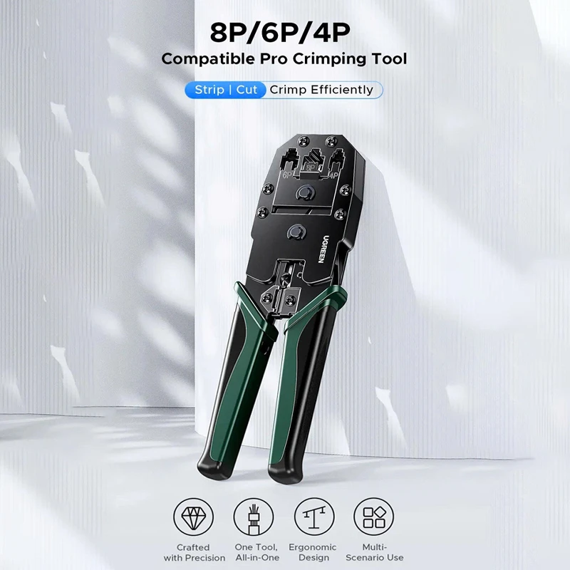 Infographic kìm Ugreen 35971 NW304 — khuôn bấm 3 chuẩn 8P (RJ45), 6P (RJ12), 4P (RJ9/RJ11) nhãn in trực tiếp trên đầu kìm