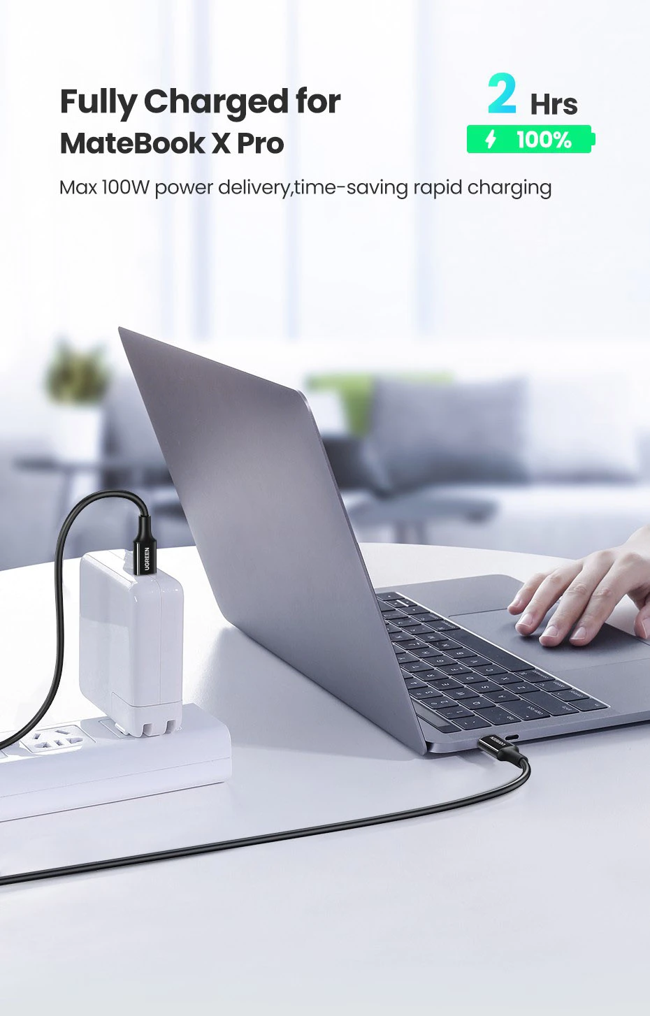 Cáp Sạc USB Type-C Dài 2M Ugreen 80372 — Hỗ Trợ PD 100W/5A, QC4.0 8 Cáp Ugreen US300 sạc đầy Huawei MateBook X Pro 100% trong 2 giờ với PD 100W