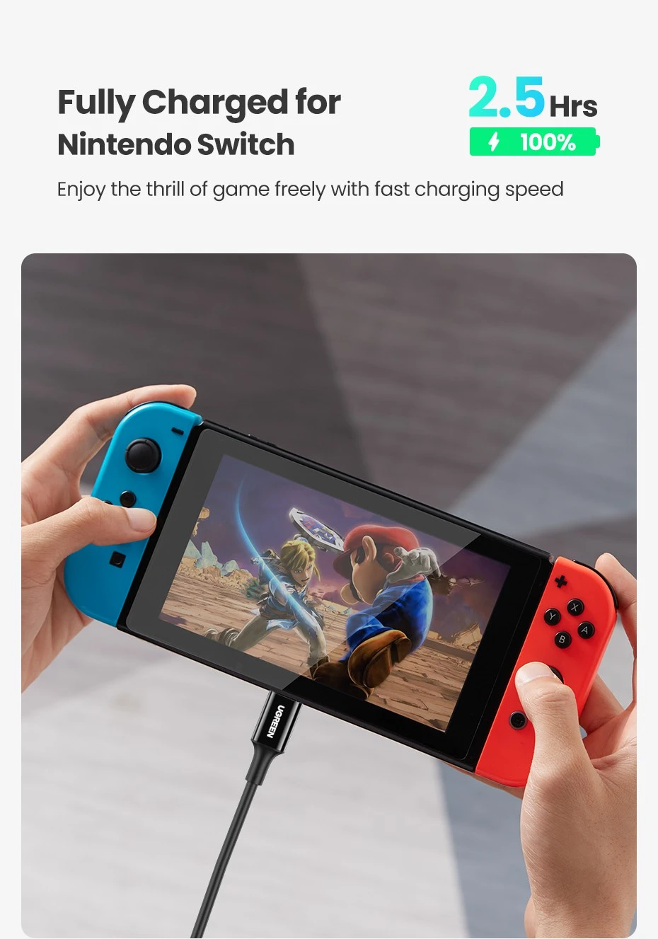 Cáp Sạc USB Type-C Dài 2M Ugreen 80372 — Hỗ Trợ PD 100W/5A, QC4.0 9 Cáp Ugreen US300 sạc đầy Nintendo Switch 100% trong 2.5 giờ, chơi game khi đang sạc