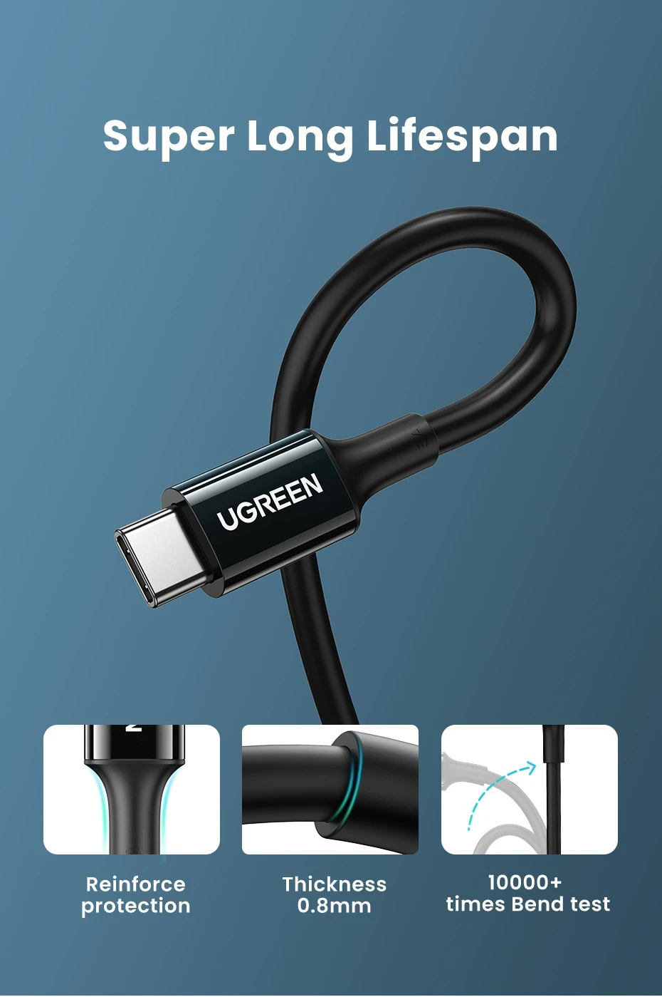 Cáp Sạc USB Type-C Dài 2M Ugreen 80372 — Hỗ Trợ PD 100W/5A, QC4.0 6 Cáp Ugreen US300 độ dày vỏ 0.8mm, chịu được hơn 10000 lần uốn gập bền bỉ
