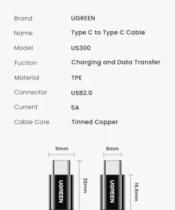 Cáp Sạc USB Type-C Dài 2M Ugreen 80372 — Hỗ Trợ PD 100W/5A, QC4.0 19 Bảng thông số chính hãng Ugreen US300: vỏ TPE, lõi đồng mạ thiếc, USB2.0, dòng 5A