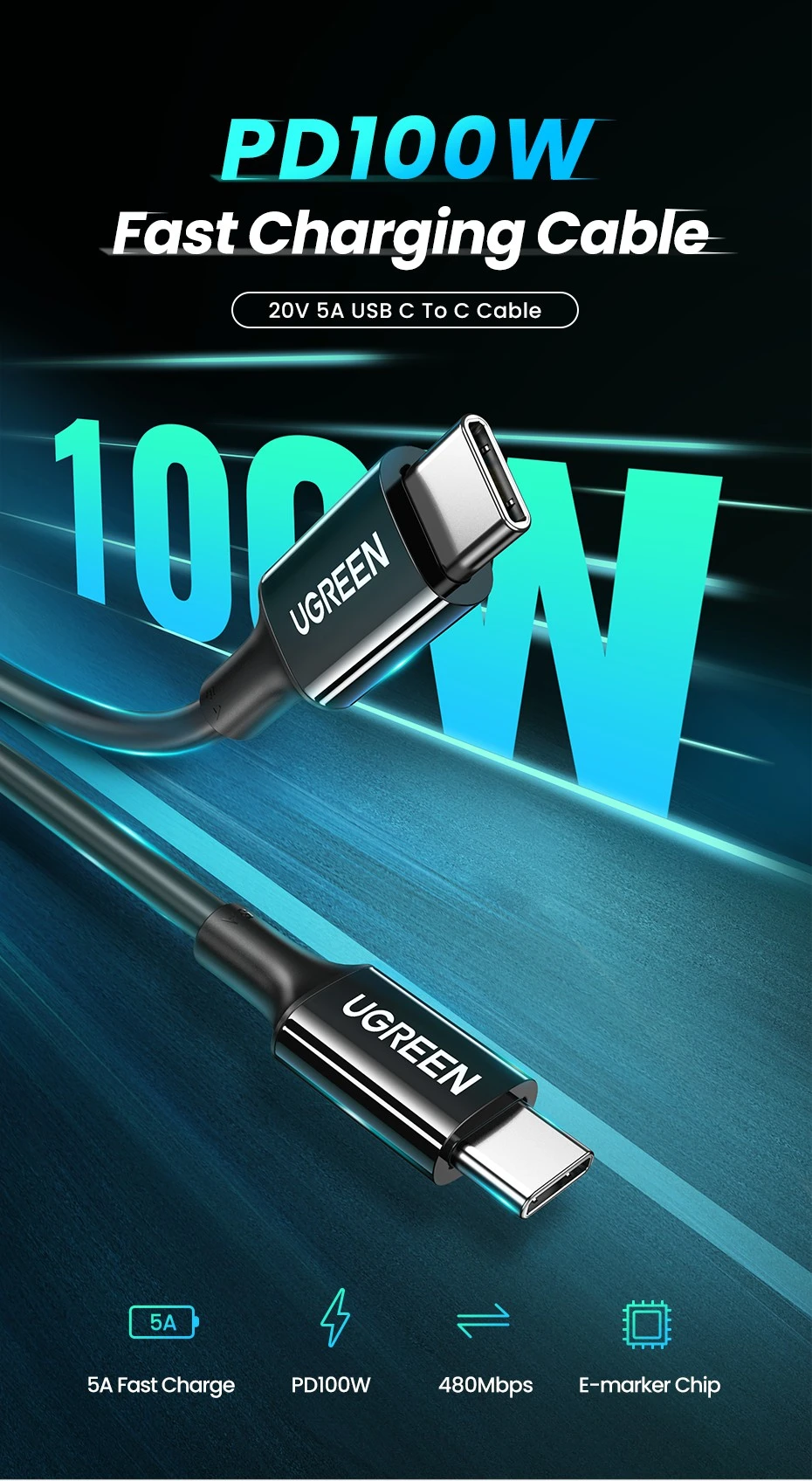 Cáp Sạc USB Type-C Dài 2M Ugreen 80372 — Hỗ Trợ PD 100W/5A, QC4.0 4 Cáp sạc nhanh Ugreen US300 PD100W 20V/5A USB-C to USB-C, chip E-marker, 480Mbps