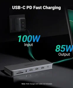 Docking Station Revodok Pro 313 13 in 1 Ugreen 15978 Vỏ Nhôm Cao Cấp — Ra HDMI, DP, USB, LAN, SD/TF, PD 100W 13 Ugreen Revodok Pro 313 nhận 100W đầu vào, xuất 85W sạc laptop, không kèm củ sạc