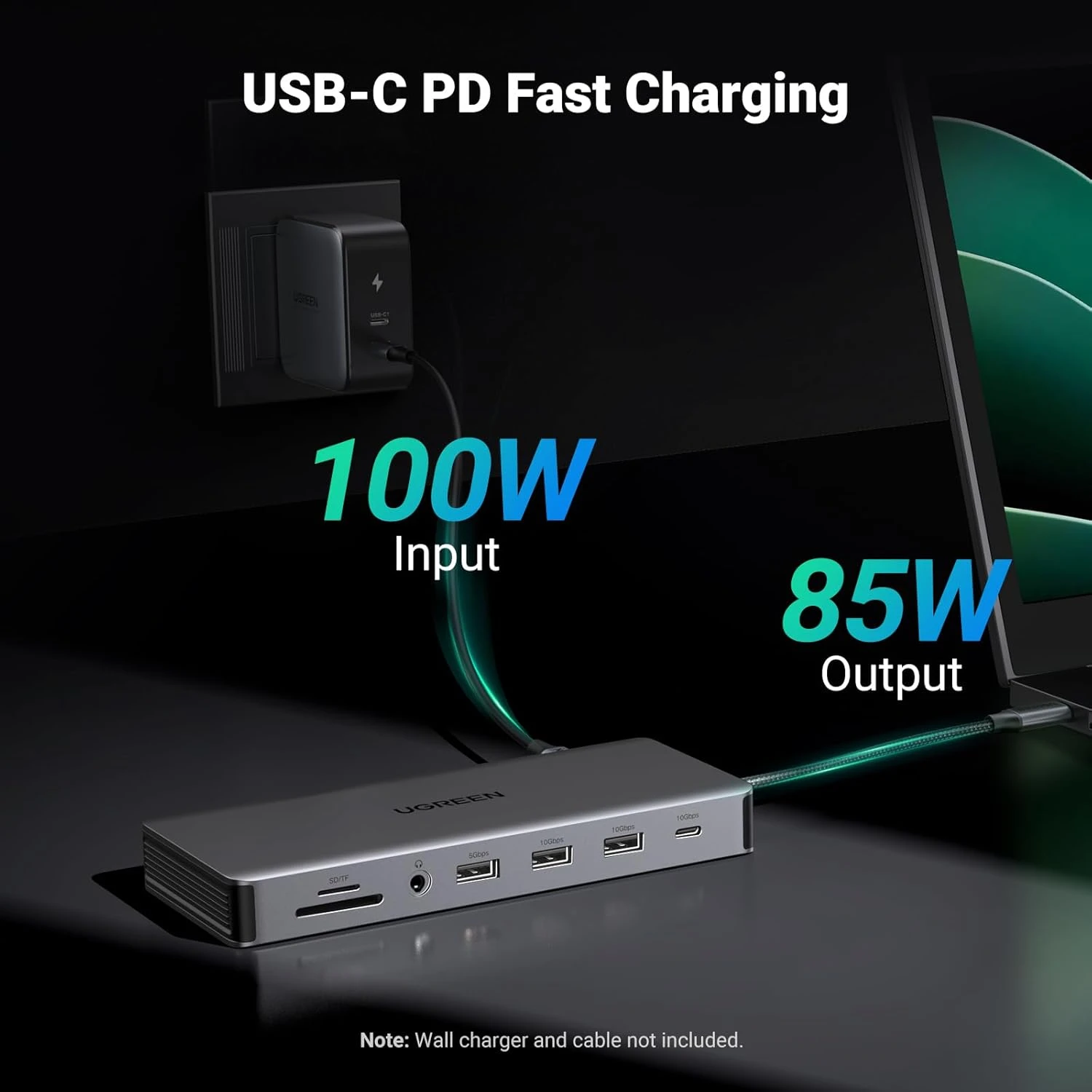 Docking Station Revodok Pro 313 13 in 1 Ugreen 15978 Vỏ Nhôm Cao Cấp — Ra HDMI, DP, USB, LAN, SD/TF, PD 100W 6 Ugreen Revodok Pro 313 nhận 100W đầu vào, xuất 85W sạc laptop, không kèm củ sạc