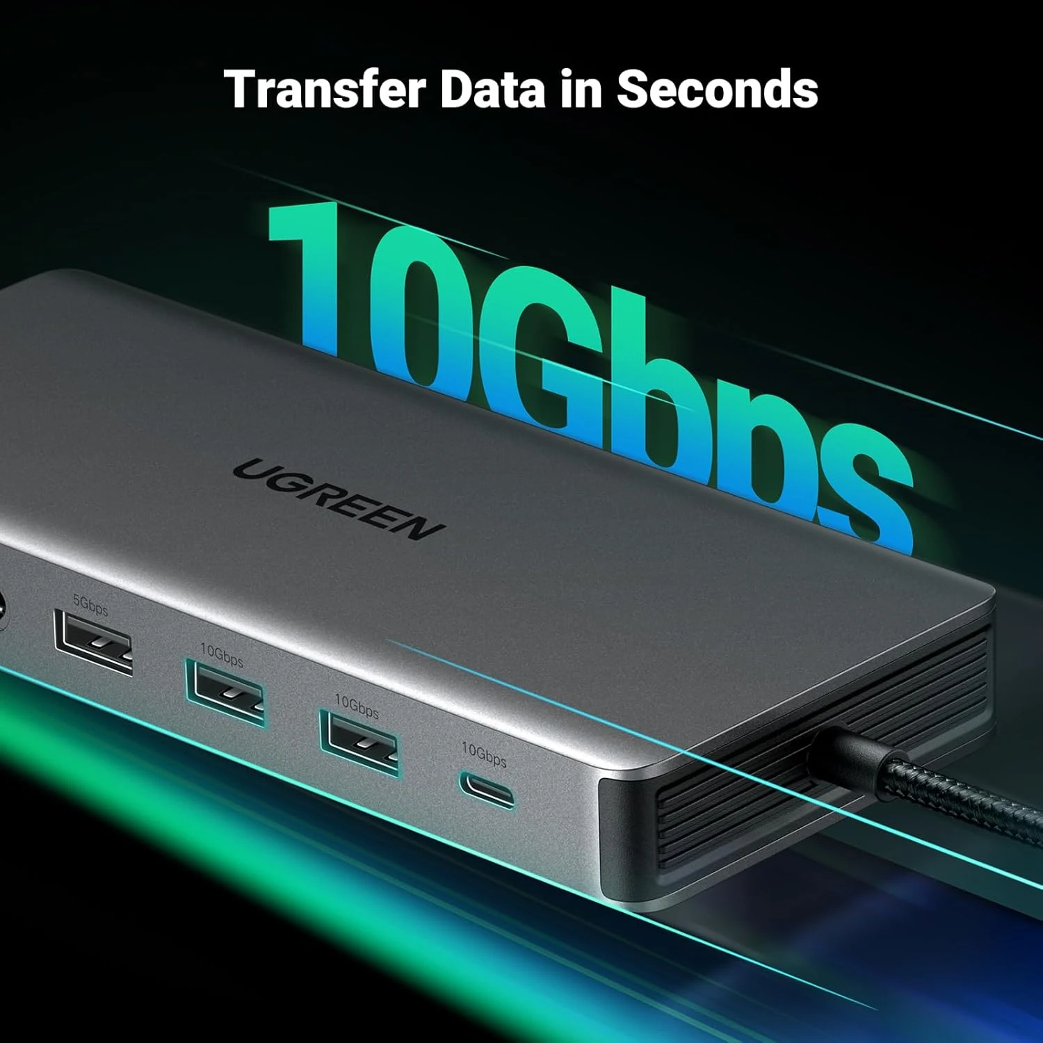 Docking Station Revodok Pro 313 13 in 1 Ugreen 15978 Vỏ Nhôm Cao Cấp — Ra HDMI, DP, USB, LAN, SD/TF, PD 100W 5 Ugreen Revodok Pro 313 truyền dữ liệu 10Gbps nhanh chóng, cổng nhãn tốc độ rõ ràng