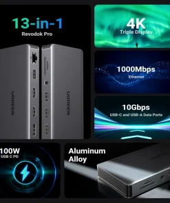 Docking Station Revodok Pro 313 13 in 1 Ugreen 15978 Vỏ Nhôm Cao Cấp — Ra HDMI, DP, USB, LAN, SD/TF, PD 100W 11 Lưới tổng hợp tính năng Ugreen Revodok Pro 313: 13-in-1, 4K, Ethernet, 10Gbps, PD100W, vỏ nhôm