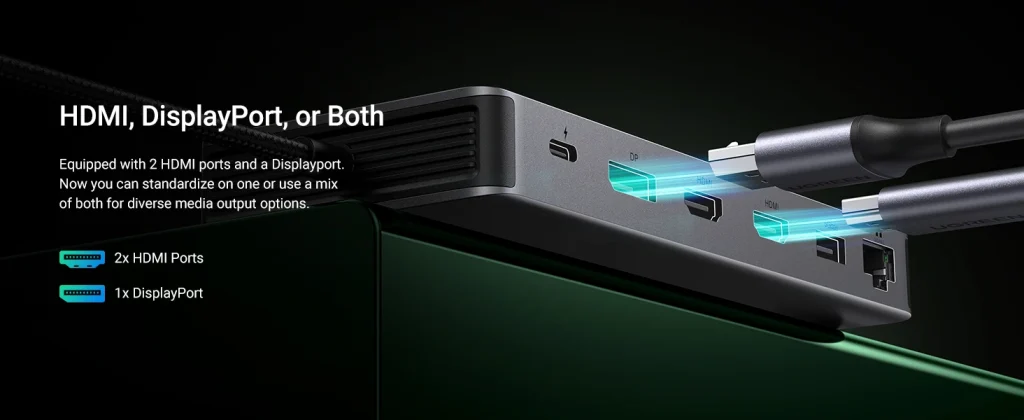 Docking Station Revodok Pro 313 13 in 1 Ugreen 15978 Vỏ Nhôm Cao Cấp — Ra HDMI, DP, USB, LAN, SD/TF, PD 100W 17 Ugreen Revodok Pro 313 có 2 cổng HDMI và 1 cổng DisplayPort xuất hình linh hoạt