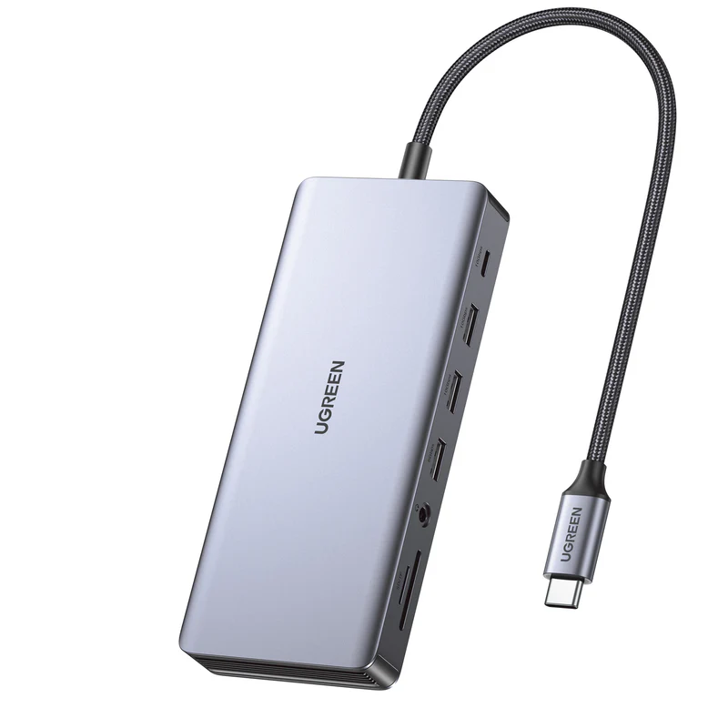 Docking Station Revodok Pro 313 13 in 1 Ugreen 15978 Vỏ Nhôm Cao Cấp — Ra HDMI, DP, USB, LAN, SD/TF, PD 100W 3 Ugreen Revodok Pro 313 vỏ nhôm nguyên khối, cáp bện USB-C host dài kết nối laptop