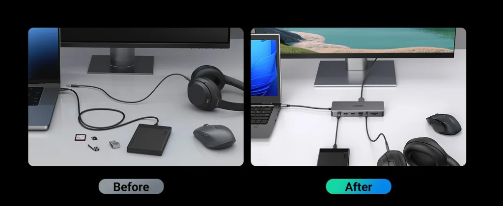 Docking Station Revodok Pro 313 13 in 1 Ugreen 15978 Vỏ Nhôm Cao Cấp — Ra HDMI, DP, USB, LAN, SD/TF, PD 100W 24 So sánh trước/sau khi dùng Ugreen Revodok Pro 313: gọn gàng hóa bàn làm việc nhiều thiết bị