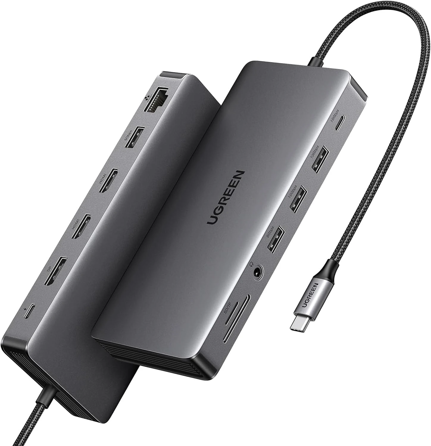 Docking Station Revodok Pro 313 13 in 1 Ugreen 15978 Vỏ Nhôm Cao Cấp — Ra HDMI, DP, USB, LAN, SD/TF, PD 100W 1 Ugreen Revodok Pro 313 hai mặt bên: HDMI, DP, LAN, USB-A/C tốc độ 5-10Gbps, SD/TF