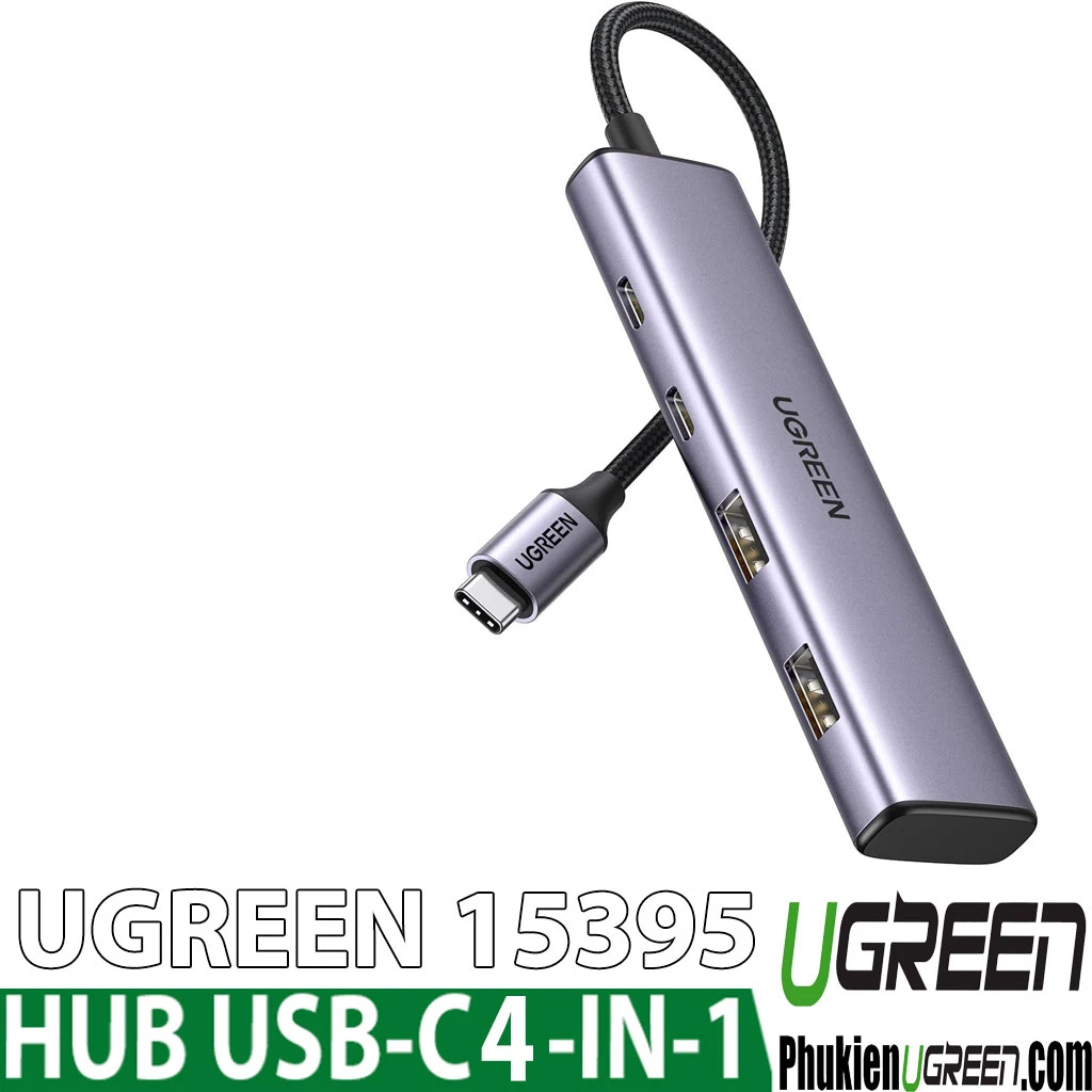 Hub Chia USB-C Ra 4 Cổng Ugreen 15395 Vỏ Hợp Kim Nhôm — 2 USB-A + 2 USB-C, USB 3.0 5Gbps 1 Hub USB-C 4 in 1 Ugreen 15395 với 2 cổng USB-C và 2 cổng USB-A, dây bện